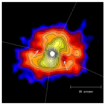 X-ray image of the central (32 arcsec)2 of the clus- 
ter RBS797. There are clear minima in the X-ray emission 
in ENE and WSW direction at about 5 arcseconds from 
the cluster centre (see arrows). An excess of emission is 
found in perpendicular directions.